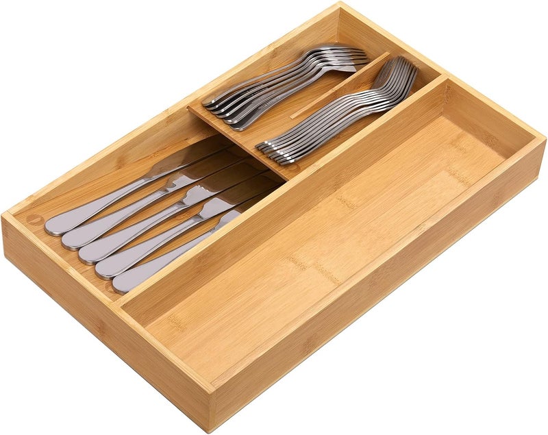 guiogc Bamboo silverware tray organizer, Utensil Holder and Cutlery Tray for Drawer, Kitchen Drawer Organizer Divider for Spoons Forks Knives - Image 4